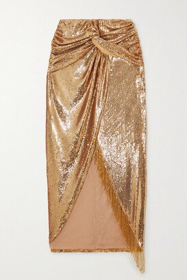 Fringed Draped Sequined Satin Midi Skirt - Gold