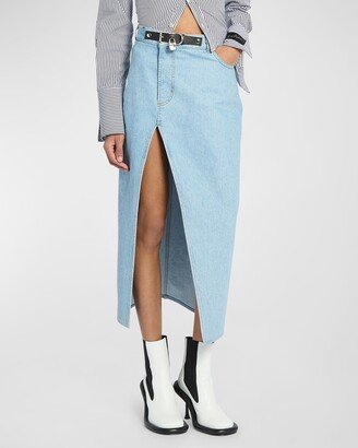 Padlock Strap Denim Midi Skirt