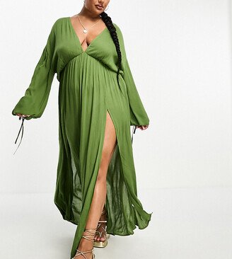 ASOS DESIGN Curve ruched long sleeve plunge crinkle beach maxi dress in khaki