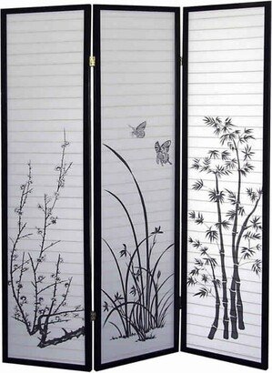 Naturistic Print Wood and Paper 3 Panel Room Divider, White and Black