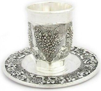 Kiddush Cup Includes Plate, 100% Kosher Made in Israel. Judaica Gift. Traditional Jewish Design For Shabbat Table-AB