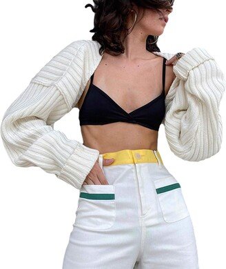 Fernvia Women Y2K Crochet Shrug Sweater Knitted Long Sleeve Solid Color Open Front Cropped Cardigan Crop Tops Streetwear (A White