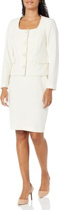 NIPON BOUTIQUE Women's Scoop Neck 4 Button Jacket/Pencil Skirt Suit Ivory