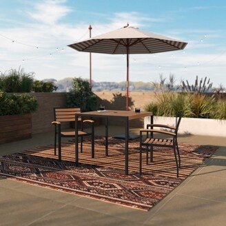 Taylor & Logan Black Steel Framed 36 Square Faux Teak Table with Umbrella Hole & 2 Club Chairs