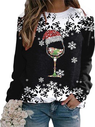 Generic Christmas Women Black Soft Comfortable Stretchy Christmas Pattern Crewneck Long Sleeve Hoodies for Teens Stylish Versatile Classic Dating Beach Paris Sweatshirt-S