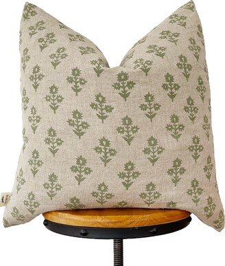 Block Print Linen Pillow Cover, Green Floral Natural Cover