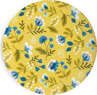 Salad Plates: Colorful Spring Flowers - Blue On Yellow Salad Plate, Yellow