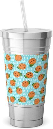 Travel Mugs: Little Cutie - Happy Oranges - Blue Stainless Tumbler With Straw, 18Oz, Blue