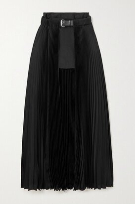 Layered Belted Pleated Satin Maxi Skirt - Black