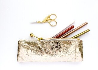 Gold Leather Pencil Case, Metallic Pen Pouch, Cosmetic Bag, Mini Shiny Case