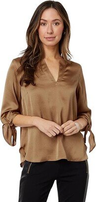 Solid Satin Tie Top (Dark Camel) Women's Clothing