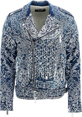 biker jacket in denim with all-over print-AA