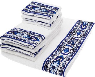 Set Of 5 White And Blue Towels With Mediterraneo Print In Cotton