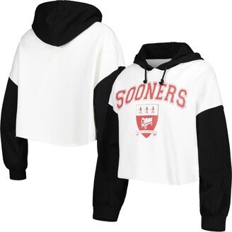 Women's Gameday Couture White, Black Distressed Oklahoma Sooners Good Time Color Block Cropped Hoodie - White, Black