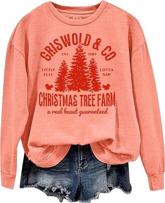 Generic Women Sweatshirt Long Sleeve Christmas Print Round Neck Pullover Sweatshirt Oversized Casual Loose Fall Sweatshirt Orange