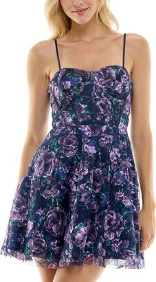 Juniors' Embroidered Printed Mesh Fit & Flare Dress