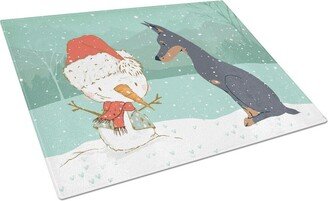 CK2038LCB Doberman & Snowman Christmas Glass Cutting Board