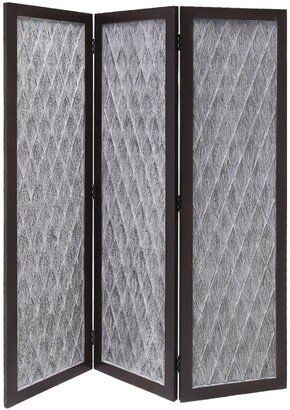 Wooden 3 Panel Room Divider with Textured Diamond Pattern, Gray and Black