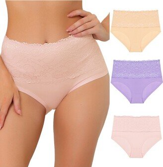 Agnes Orinda Women's Underwear Stretch Packs Lace High Rise Comfort Briefs Purple, Pink, Nude Large