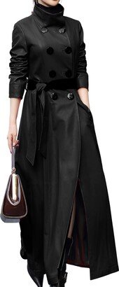 Generic Womens Long Maxi Belted Casual Style Black Faux Leather Double Breasted Leather Trench Coat