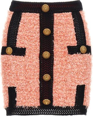 Button Embellished Tweed Mini Skirt-AA