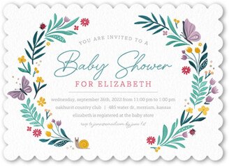 Baby Shower Invitations: Floral Butterfly Baby Shower Invitation, White, 5X7, Pearl Shimmer Cardstock, Scallop