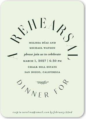 Rehearsal Dinner Invitations: Refined Request Rehearsal Dinner Invitation, Green, 5X7, Pearl Shimmer Cardstock, Rounded