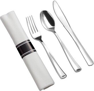 Silver Plastic Cutlery in White Napkin Rolls Set - Napkins, Forks, Knives, Spoons and Paper Rings (100 Guests)
