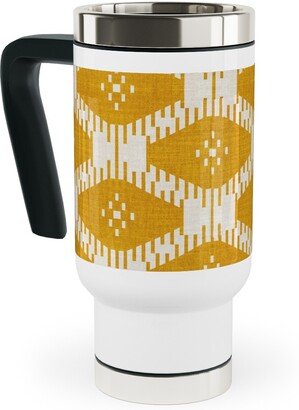 Travel Mugs: Stella Ikat - Yellow Travel Mug With Handle, 17Oz, Yellow