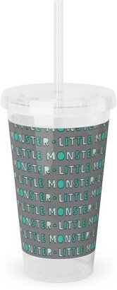 Travel Mugs: (Small Scale) Little Monster || Green On Grey Acrylic Tumbler With Straw, 16Oz, Green