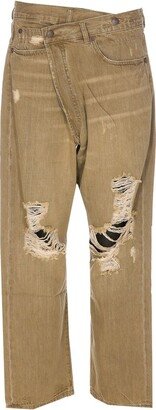 Logo-Patch Distressed Crossover Straight-Leg Jeans