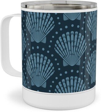 Travel Mugs: Pretty Scallop Shells - Navy Blue Stainless Steel Mug, 10Oz, Blue