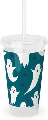 Travel Mugs: Halloween Ghosts - Dark Teal Acrylic Tumbler With Straw, 16Oz, Green