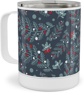 Travel Mugs: Nutcracker Pines On Blue Stainless Steel Mug, 10Oz, Blue