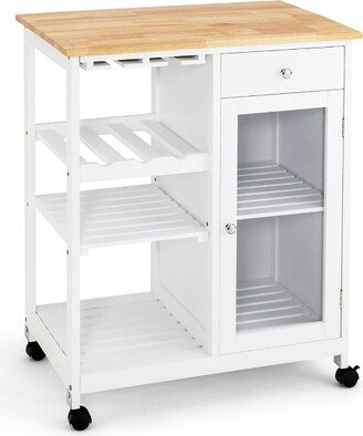 Rolling Kitchen Island Wood Top Trolley Cart Storage Cabinet w/Shelf & Wine Rack