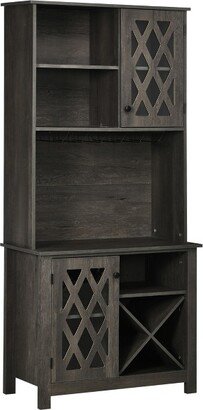 HOMCOM 72 Kitchen Pantry, Buffet with Hutch, Cupboard for Microwave, with 2 Door Cabinet, Wine Glasses Rack and 12-Bottle Wine Rack, Dark Grey