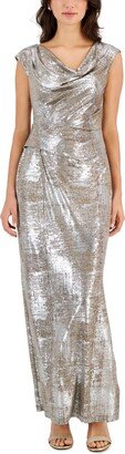 Petite Metallic Cap-Sleeve Gown - Flax/Silver