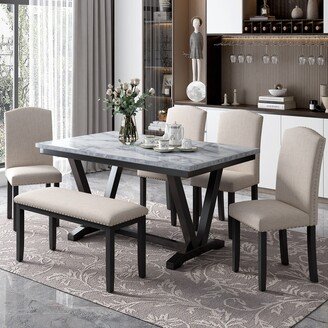 CTEX 6-Piece Dining Table Set with Marbled Veneers Tabletop, V-shaped Table Legs, 4 Chairs and 1 Bench