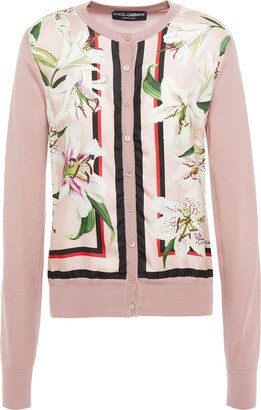 Twill-paneled printed silk cardigan