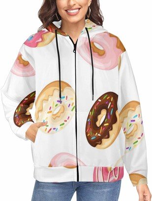 LOSARON Colorful Donuts Women's Oversized Sweaters Full-Zip Hooded Sweatshirt Comfortable Hoodie Zipper Drawstring Hooded Jackets L