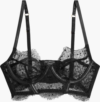 Adara leather-trimmed lace balconette bra