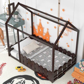 IGEMAN Twin Size Wood Bed House Bed Frame with Fence, for Kids, Teens, Girls, Boys, Espresso
