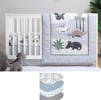 The Green Dino 7 Piece Baby Nursery Crib Bedding Set, Quilt, Crib Sheets, Crib Skirt - Green/ivory/grey