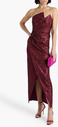 Strapless metallic floral-jacquard wrap gown