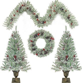 4-Piece Artificial Christmas Set, Garland, Wreath and Set of 2 Entrance Pre-lit Xmas Tree with LED Lights, Retro White