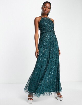 all over sequin halterneck maxi dress in emerald green