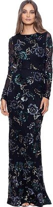 Long Long Sleeve Floral Sequin Gown (Black/Teal) Women's Dress