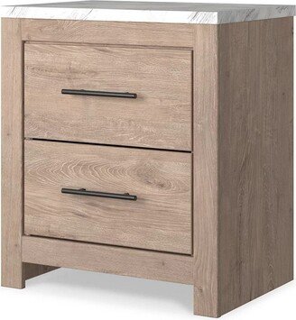 Ariel 25 Inch Rustic Wood Nightstand, 2 Drawers, White Marble Top, Brown