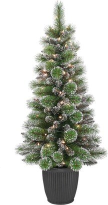 Puleo Pre-Lit Potted Glitter Artificial Christmas Tree with 70 Lights, 4'