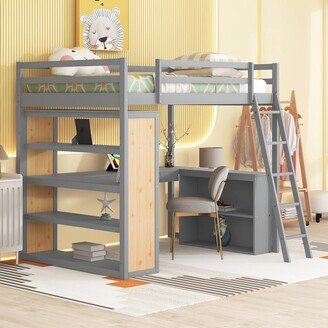 EDWINRAY Full Size Wooden Loft Bed with Ladder, Shelves and Desk, Grey